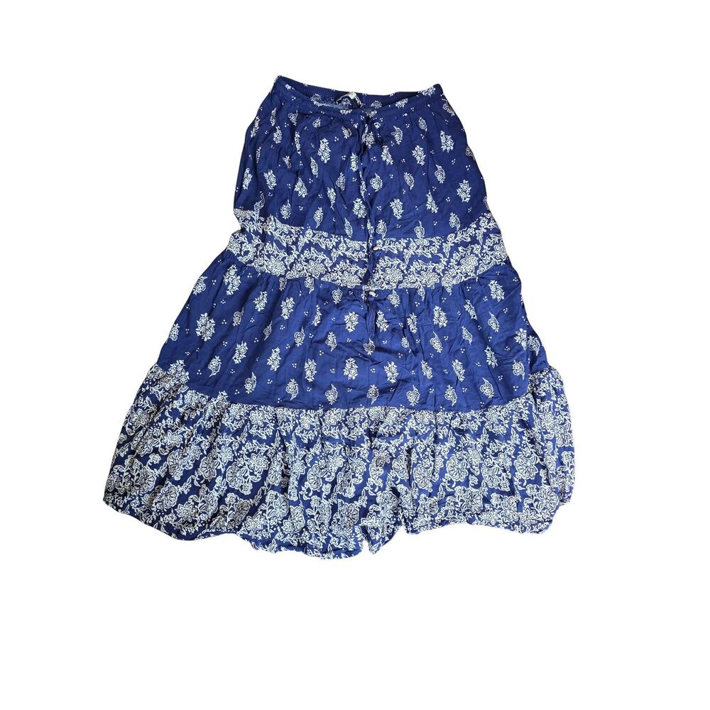 Boho Navy Blue Floral Tiered Maxi Skirt Cotton Blend Elastic Drawstring Waist S